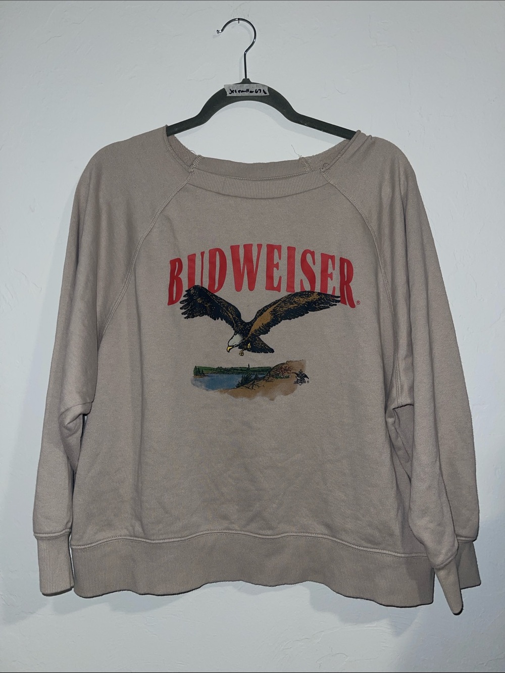 @jessmiller67 Budweiser Beige Crewneck Sweatshirt with Red Logo